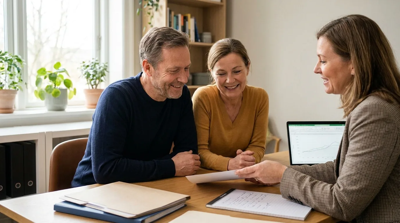 A homeowner couple meeting with a HUD-approved housing counselor who reviews documents with them across a desk.
