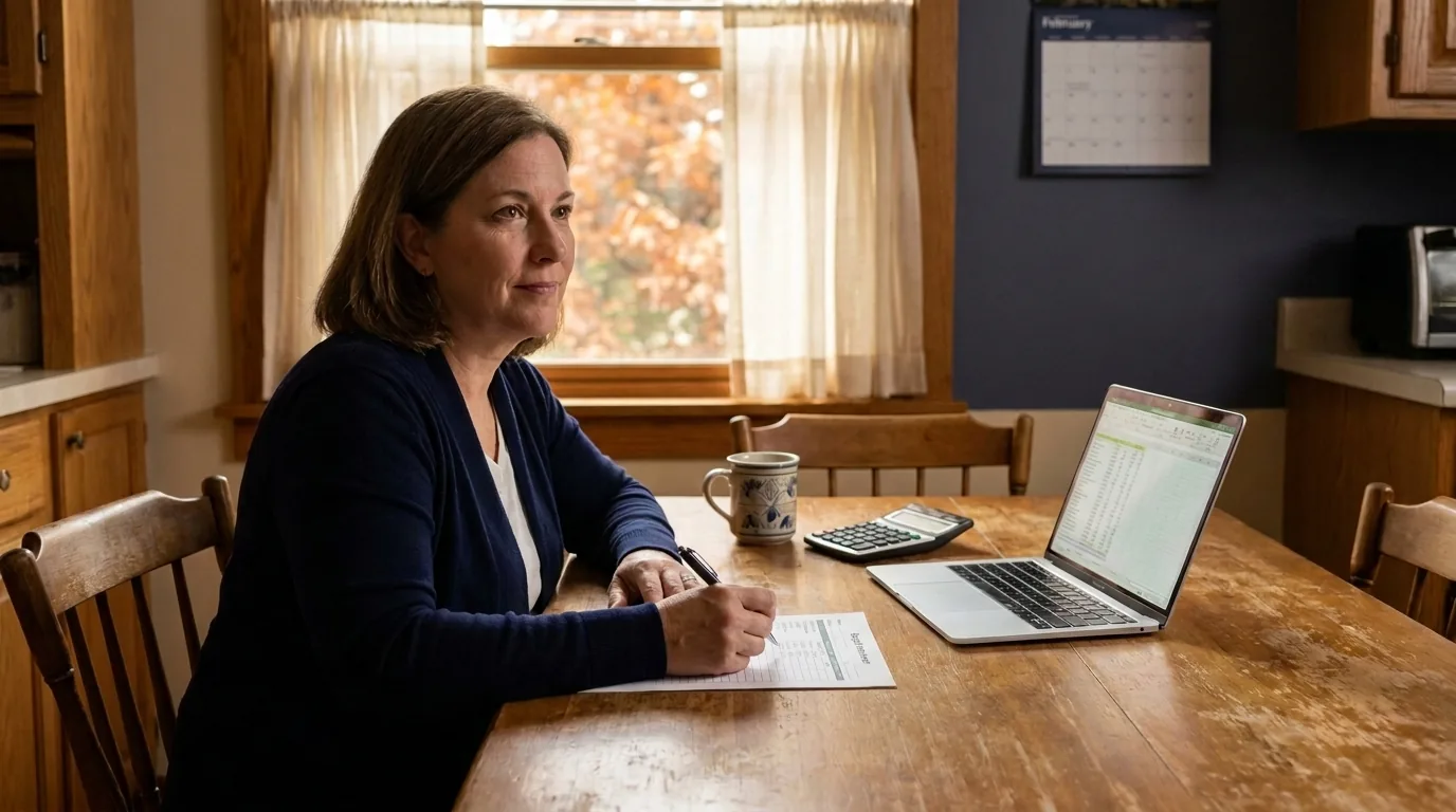 An Akron homeowner reviewing mortgage statements and a budget at her kitchen table with a laptop and calculator.