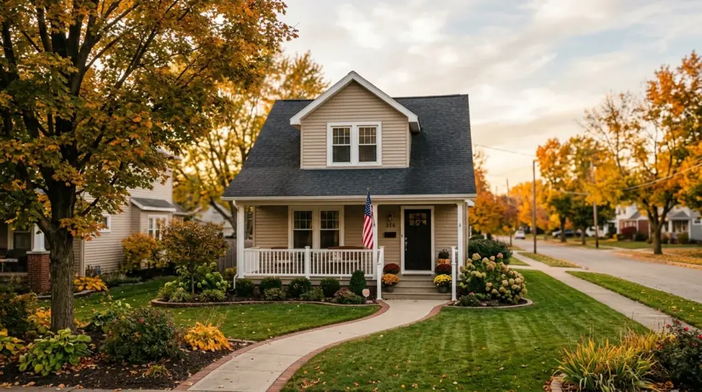 A well-kept two-story Akron home with a front porch on a quiet autumn street in Summit County, Ohio.
