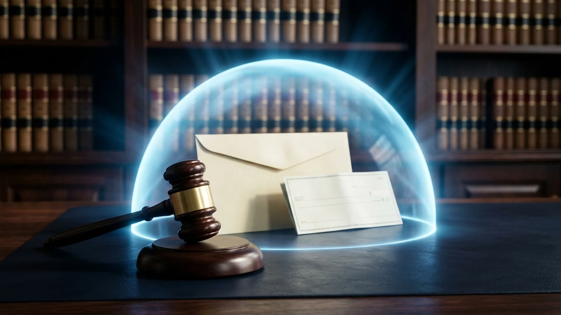 A glowing protective shield over a paycheck beside a gavel, symbolizing the automatic stay