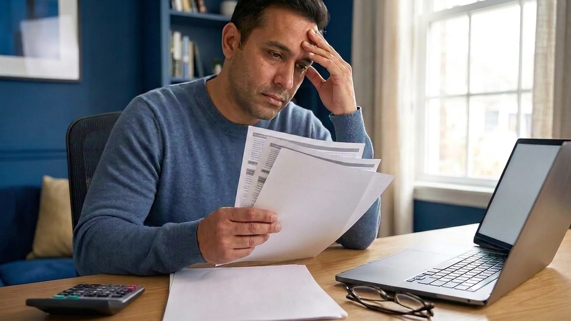Man reviewing a medical invoice and hospital bills, the real cause behind most bankruptcies