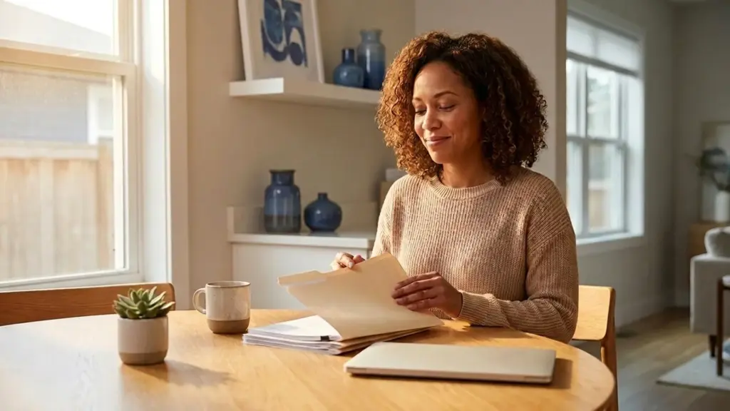 Relieved woman reviewing organized paperwork at home after a fresh financial start following bankruptcy.