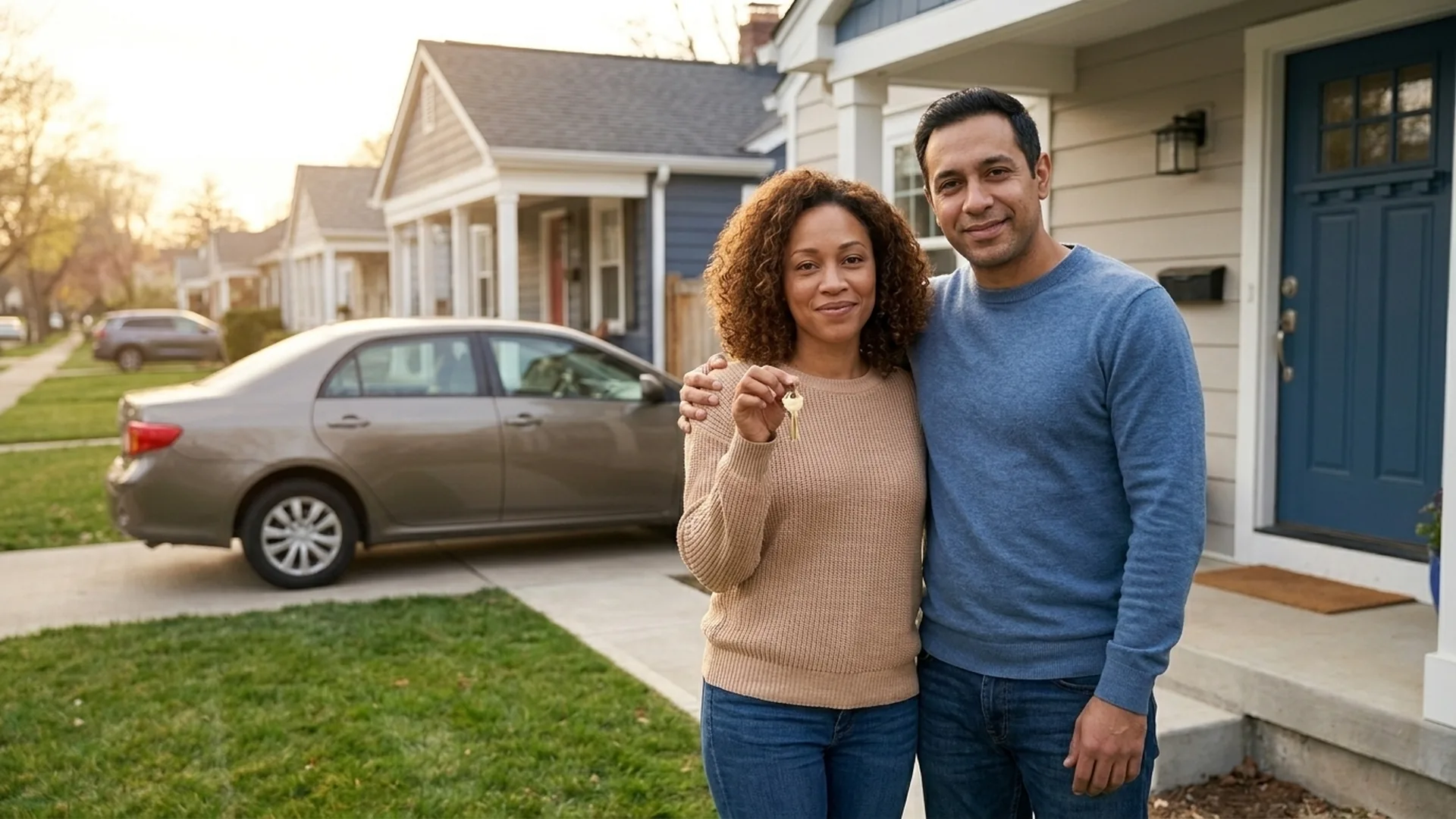 Couple holding house keys outside their home and car, kept through bankruptcy exemptions