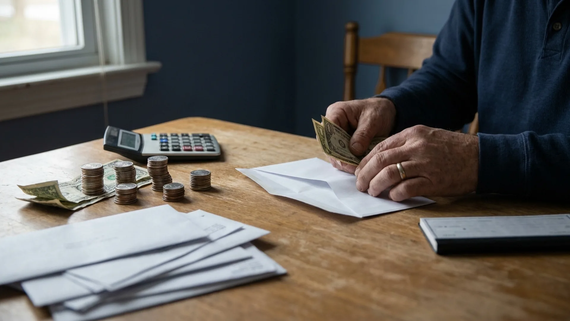 Hands counting cash into a grocery envelope beside a handwritten household budget ledger