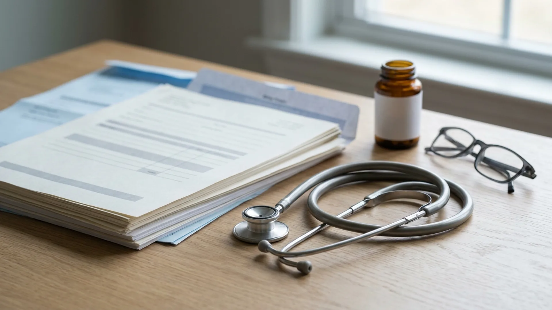 Stethoscope beside a stack of hospital billing statements showing a large balance due