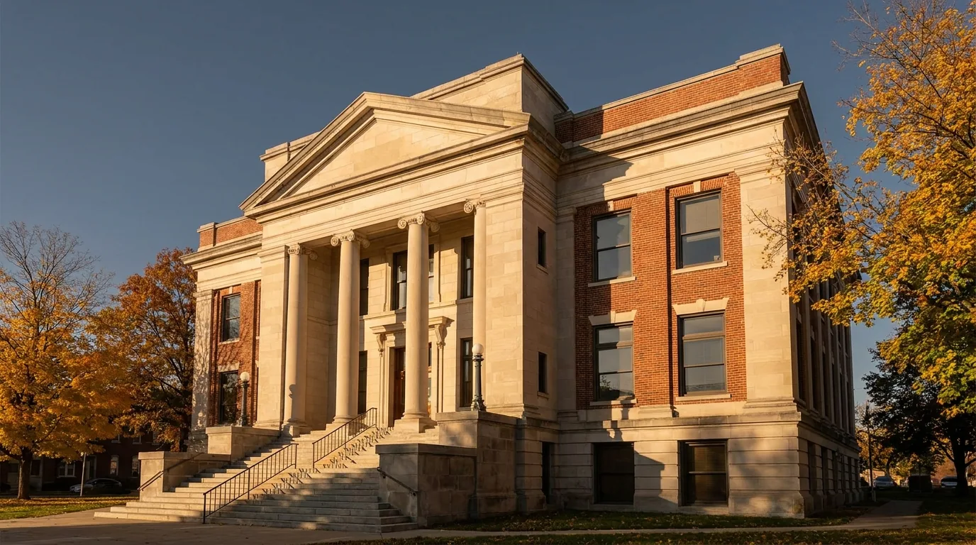 A county courthouse with limestone columns under an autumn sky, where Ohio judicial foreclosure cases are heard.