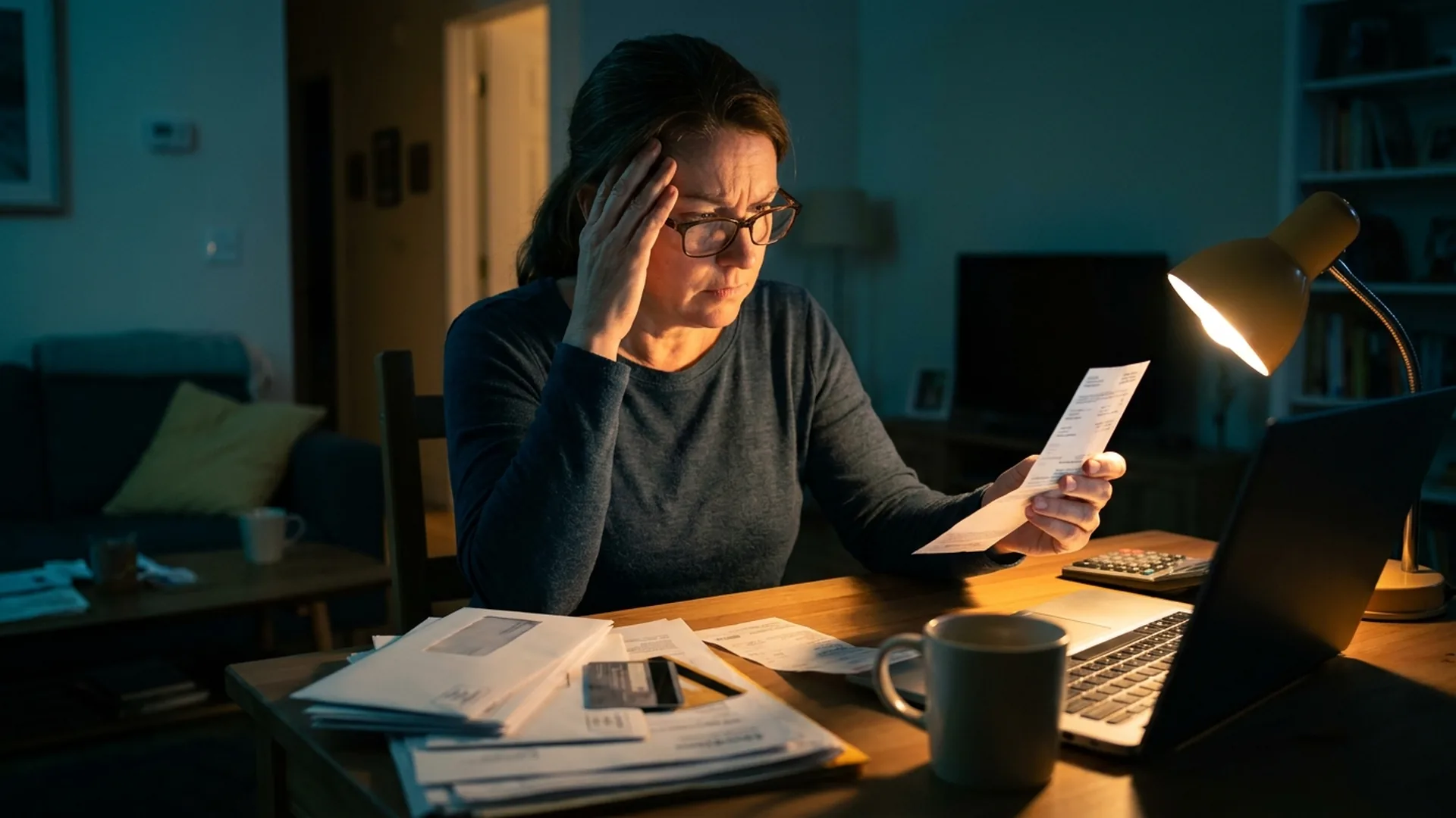 Woman at a desk at night sorting a growing stack of bills and credit-card statements