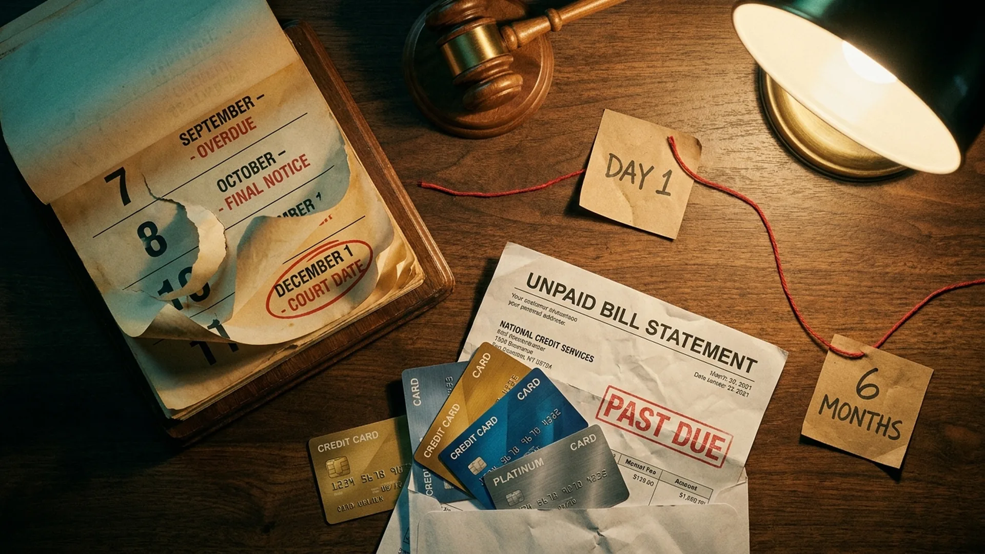 Timeline of credit card default from day one to a lawsuit six months later, with a calendar and gavel