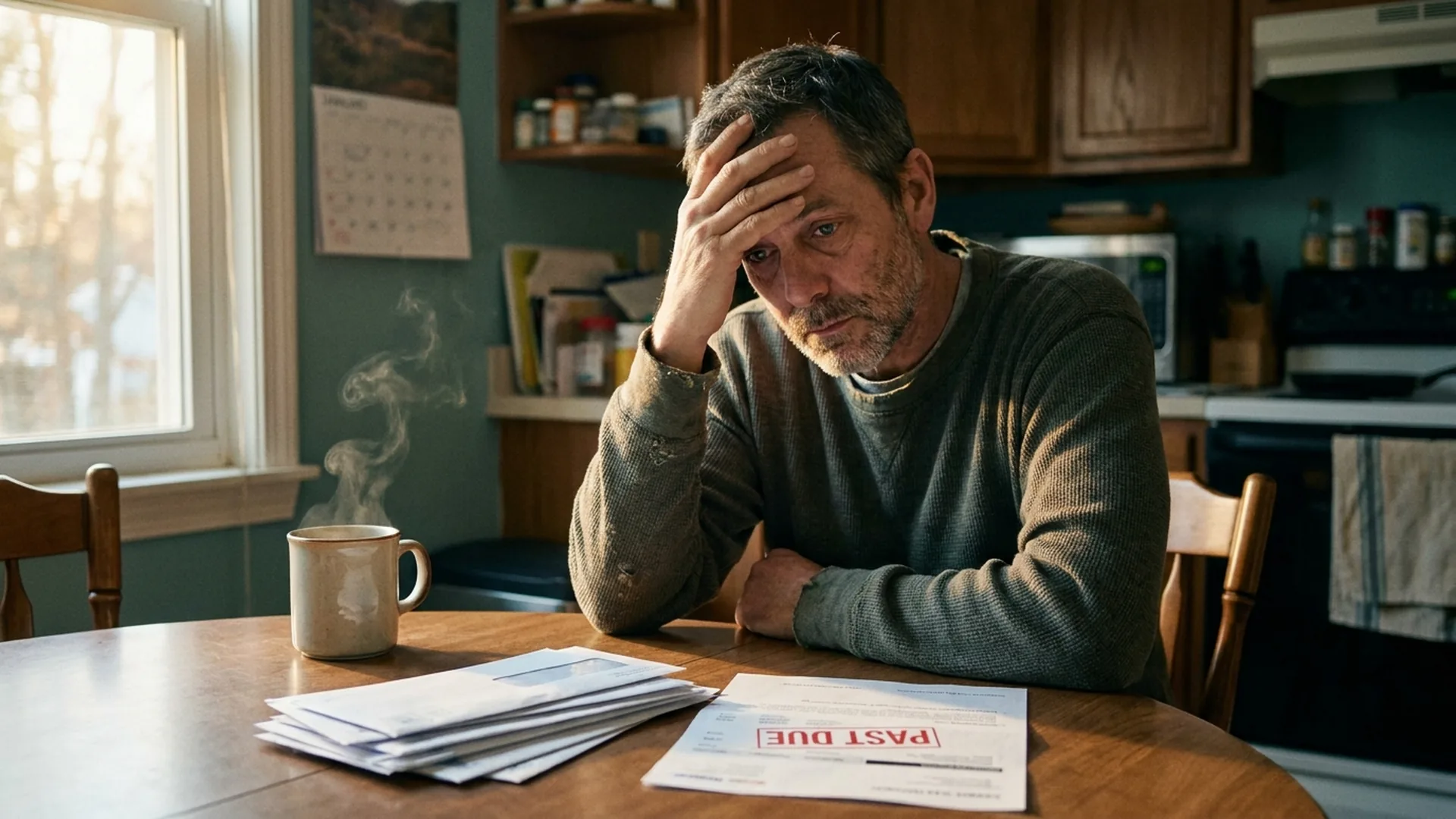 Worried Ohio man reviewing past-due credit card bills at his kitchen table