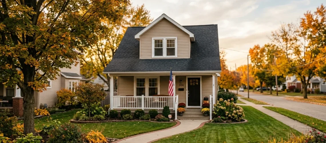 A well-kept two-story Akron home with a front porch on a quiet autumn street in Summit County, Ohio.