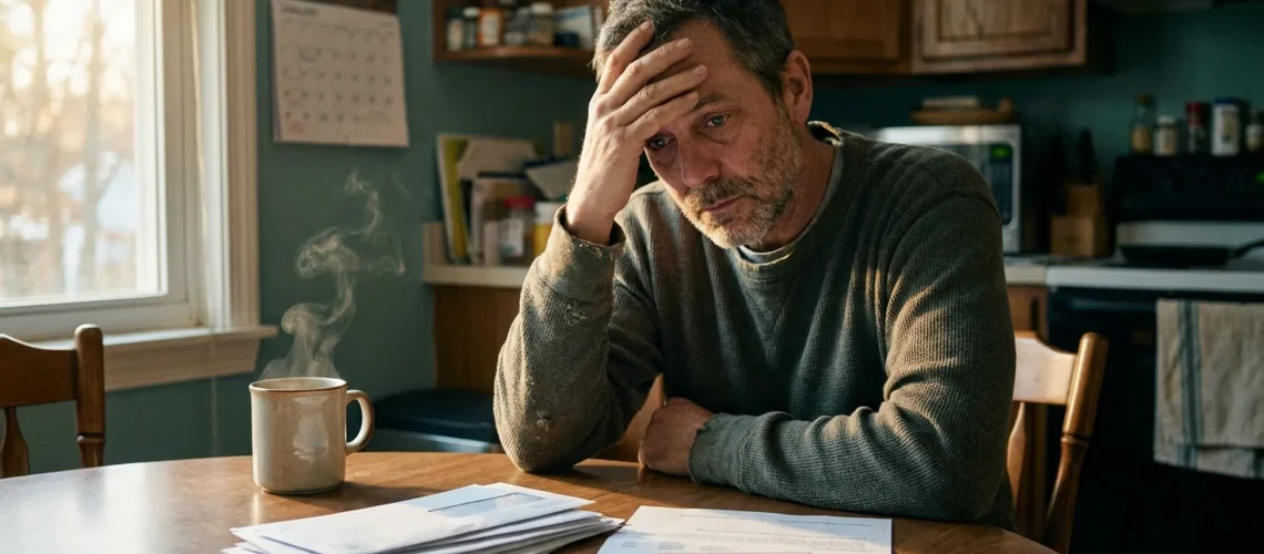 Worried Ohio man reviewing past-due credit card bills at his kitchen table