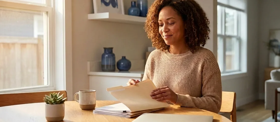 Relieved woman reviewing organized paperwork at home after a fresh financial start following bankruptcy.